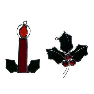 Set of 2 Christmas Holiday Stained Glass Suncatchers Holly Berry Candlestick